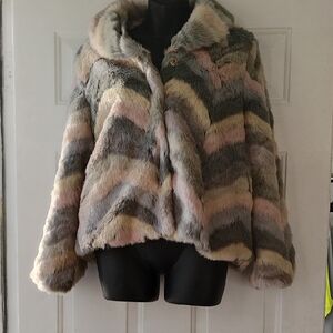 New JOH. Striped Soft Pink Smoke Grey Purple Lilac Faux Fur Teddy Jacket